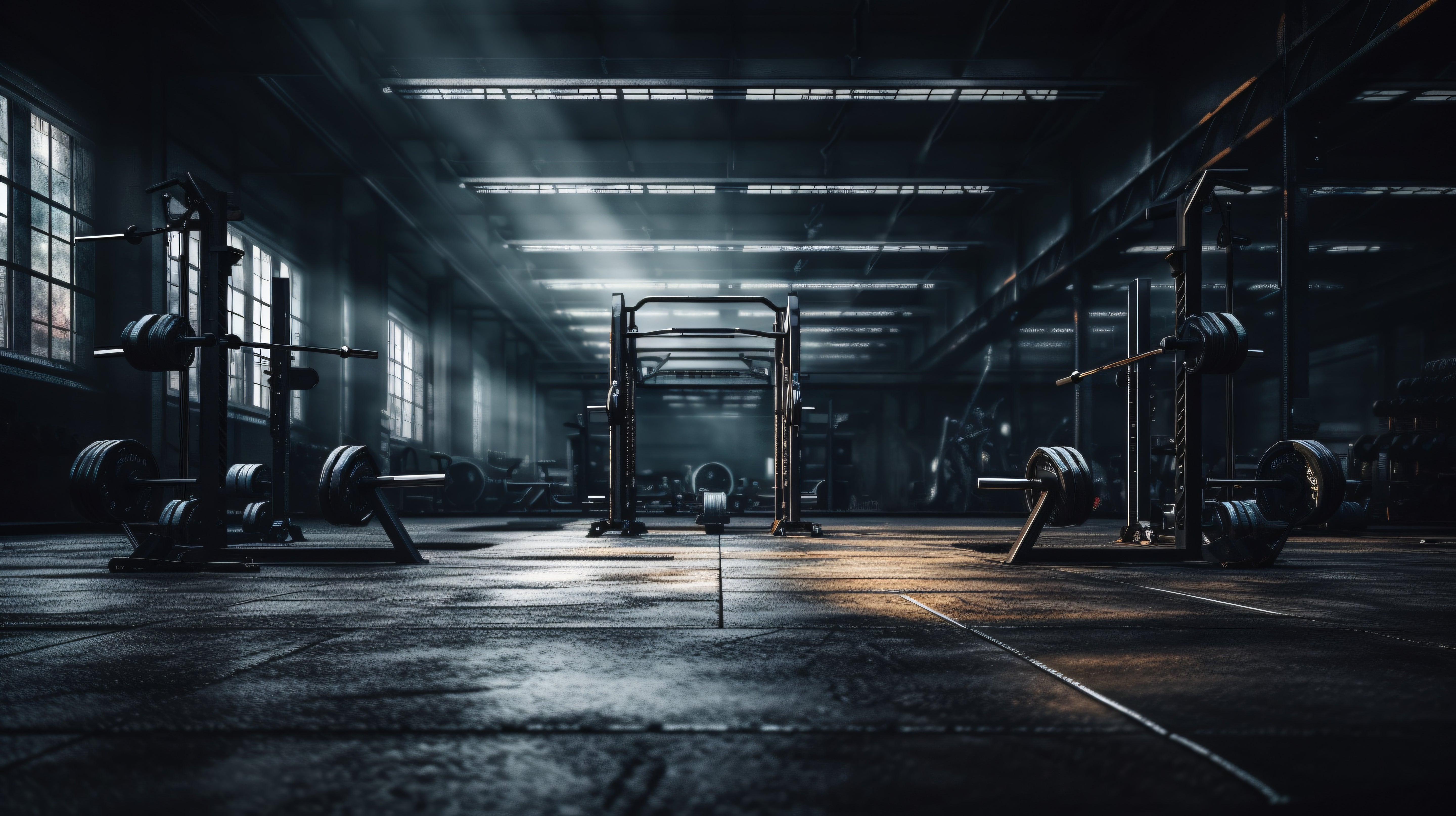 Gym background equipment on empty dark gym